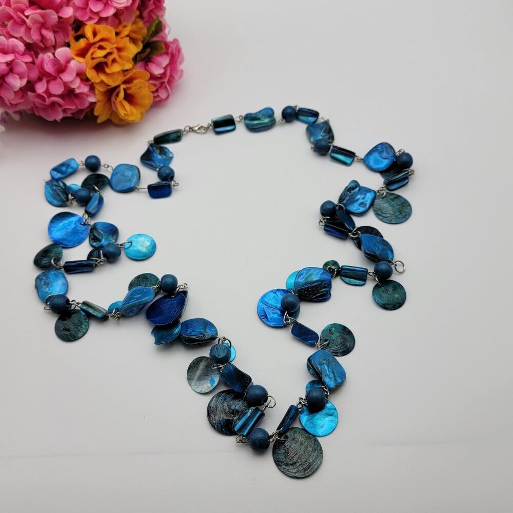 Blue Mother Of Pearl Link Long Chain Necklace 40 Inch Silver Tone Opera Flapper